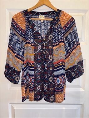 Anthropologie Fig And Flower Sheer S Blouse Boho Revival Flowy Festival Aztec